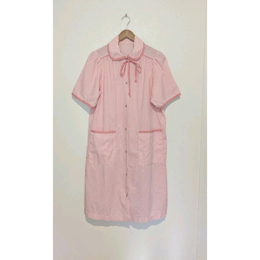 Vintage Pink Stripe House Coat Snap Front Loungewear Robe Dress S 80s Pockets
